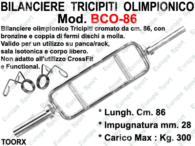 BILANCIERE PER TRICIPITI OLIMPIONICO IN ACCIAIO CM. 86 DIAM. MM. 50 TOORX  MOD. BCO-86