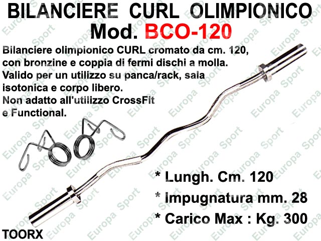 BILANCIERE CURL OLIMPIONICO IN ACCIAIO CM. 120 DIAM. MM. 50 TOORX  MOD. BCO-120