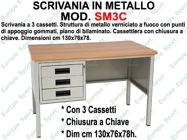 SCRIVANIA IN METALLO CON 3 CASSETTI E PIANO DI BILAMINATO DIM. CM. 130x76x78  MOD. SM3C